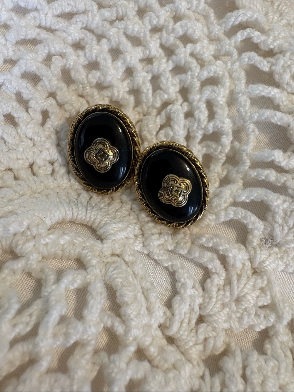 Black and Gold Oval Button Earrings - Classic Women's Jewelry